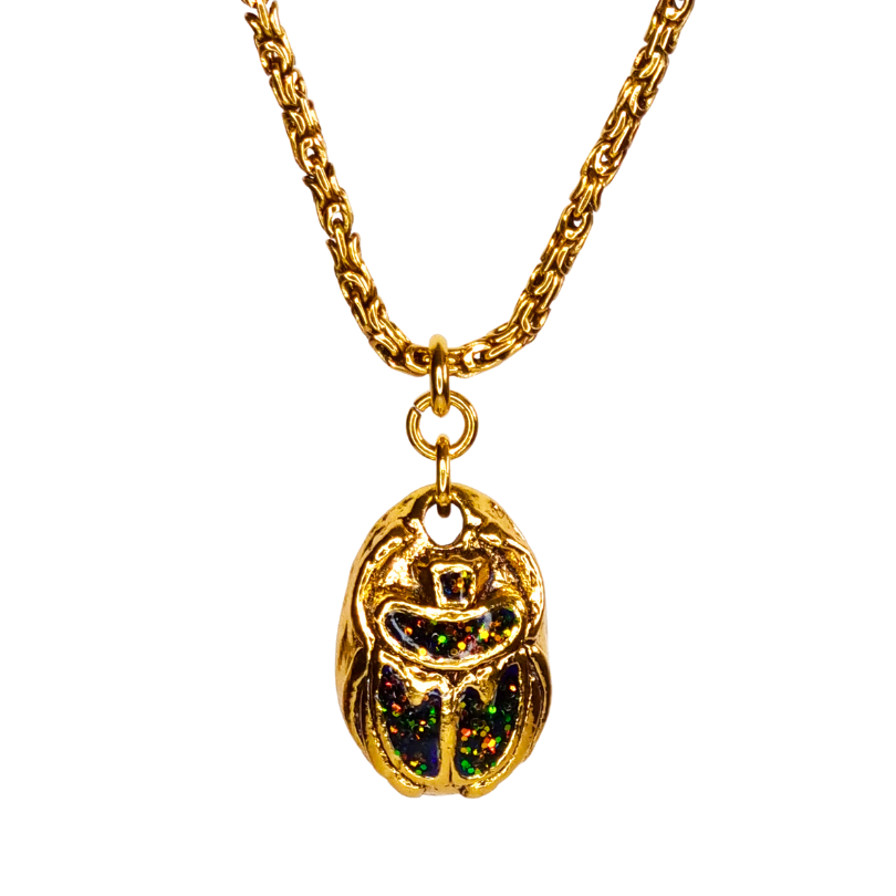collier scarabée noir vert orange pailleté doré