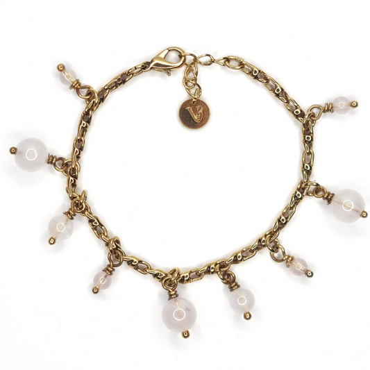 Bracelet haute fantaisie doré à l'or fin 24 carats avec breloque en pierres naturelles de quartz rose, lithothérapie