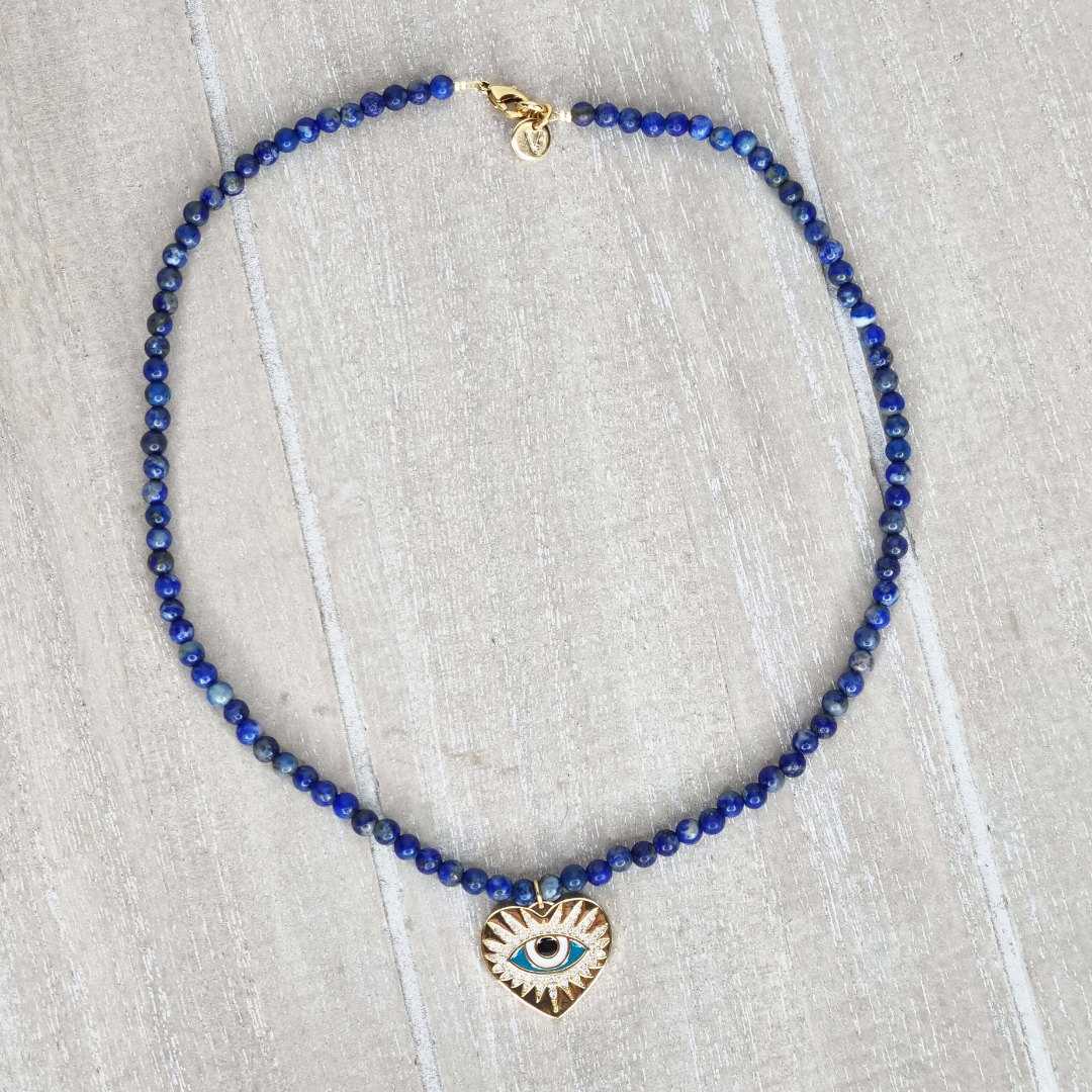 collier pierres naturelles lapis lazuli pendentif œil protecteur