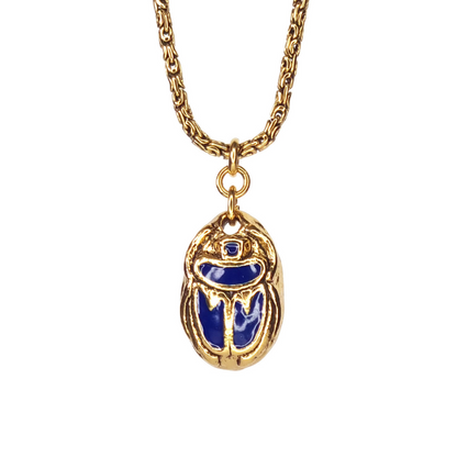 Collier bijoux haute fantaisie bijoux de créateur à lyon doré à l'or fin 24 carats  pendentif scarabée émaillé bleu