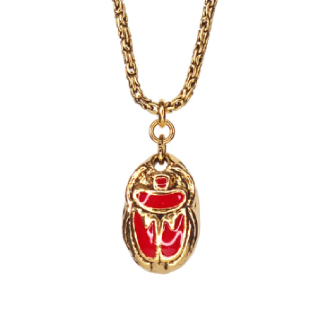Collier bijoux haute fantaisie bijoux de créateur à lyon doré à l'or fin 24 carats  pendentif scarabée émaillé rouge