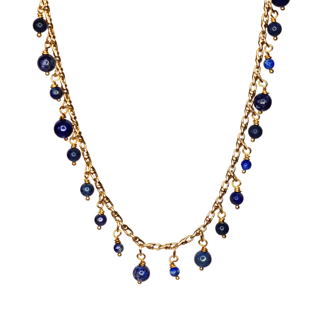 collier ras de cou doré à l'or fin avec pierres naturelles de lapis lazuli