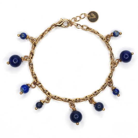 Bracelet haute fantaisie doré à l'or fin 24 carats avec breloque en pierres naturelles de lapis lazuli, lithothérapie