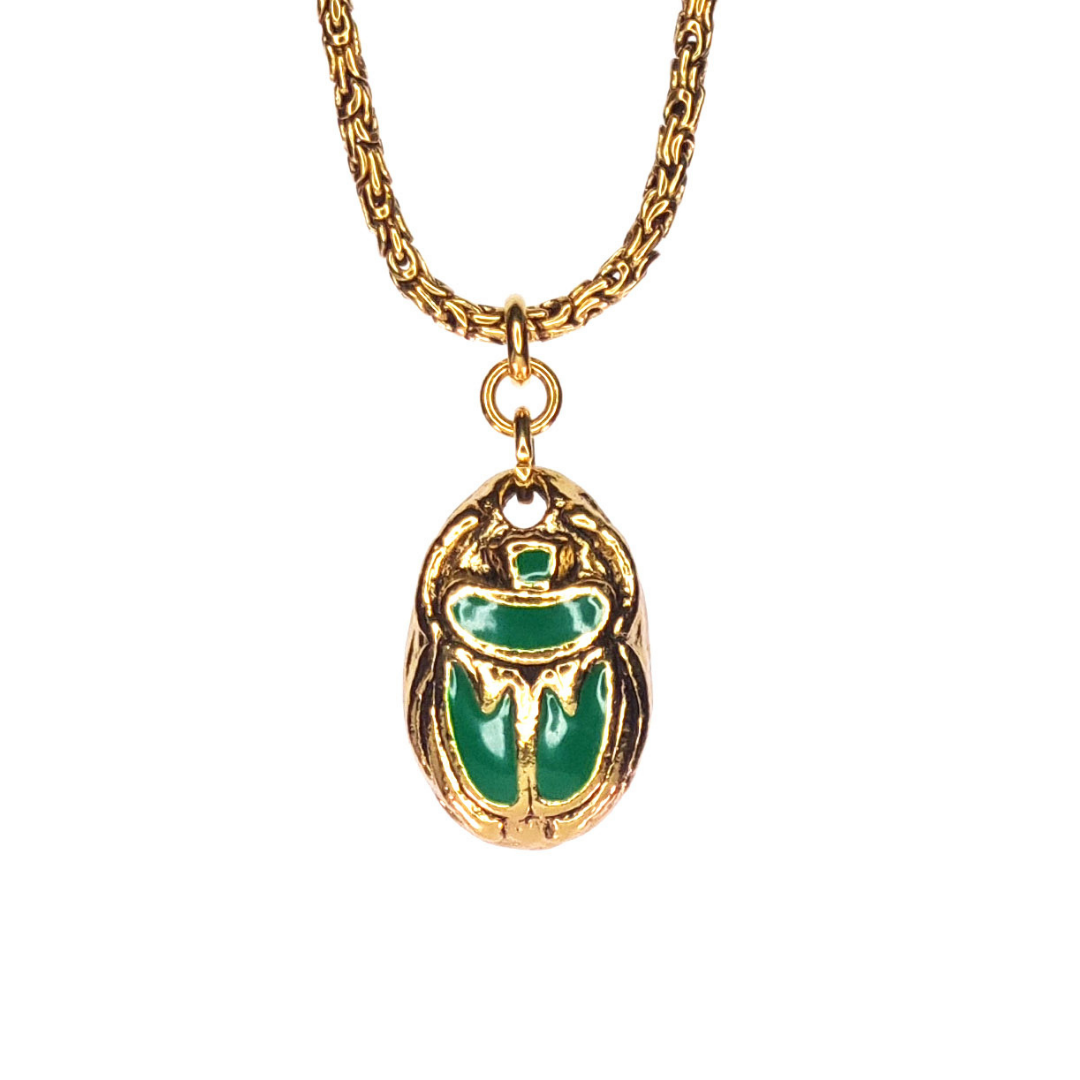 Collier bijoux haute fantaisie bijoux de créateur à lyon doré à l'or fin 24 carats  pendentif scarabée émaillé vert